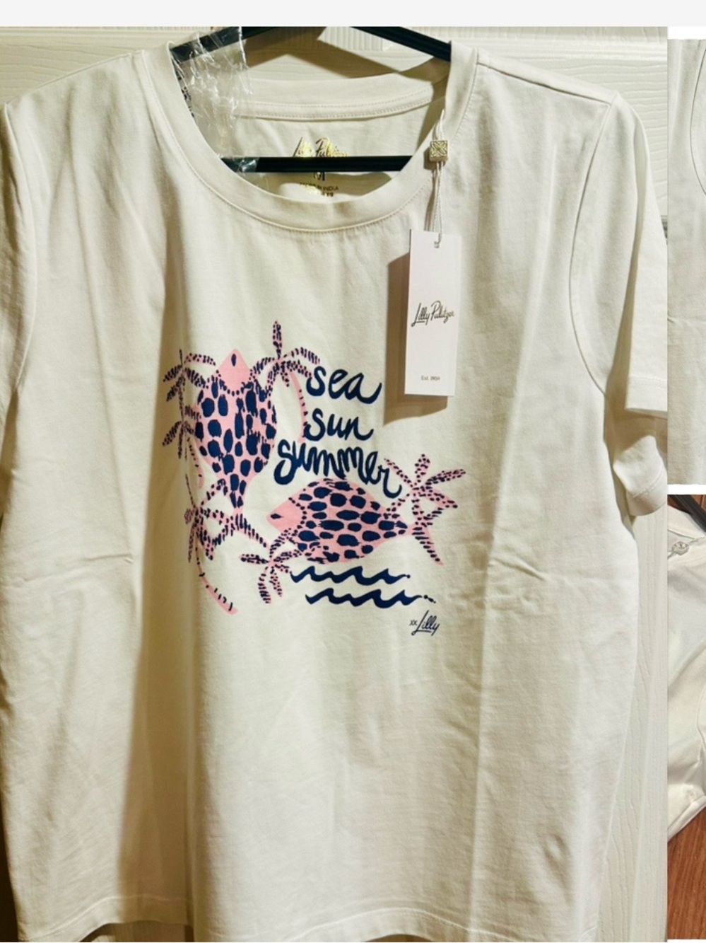 Lilly Pulitzer Barreto knit top Sea Sun Motif  Tee - White/Pink/Blue NWT Medium